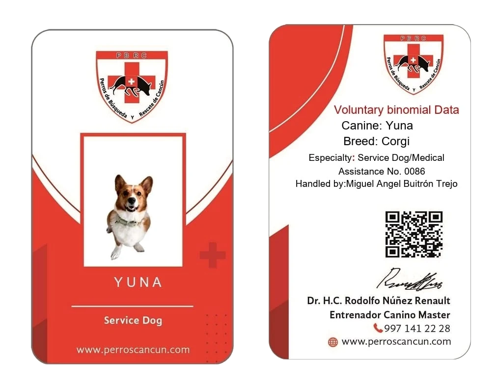 Credencial de perro de servicio emitida por PBRC, anverso y reverso, con fotografía, datos del binomio y código QR